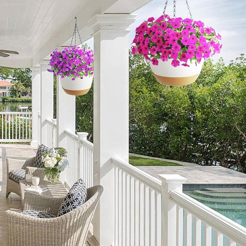 Koalaime 2 Pack Hanging Planters Set,10 Inch Indoor Outdoor Hanging Plant Pot Basket,Hanging Flower Pot with Drainage Hole with 3 Hooks for Garden Home(Purple Hanger White Planters) - Image 5